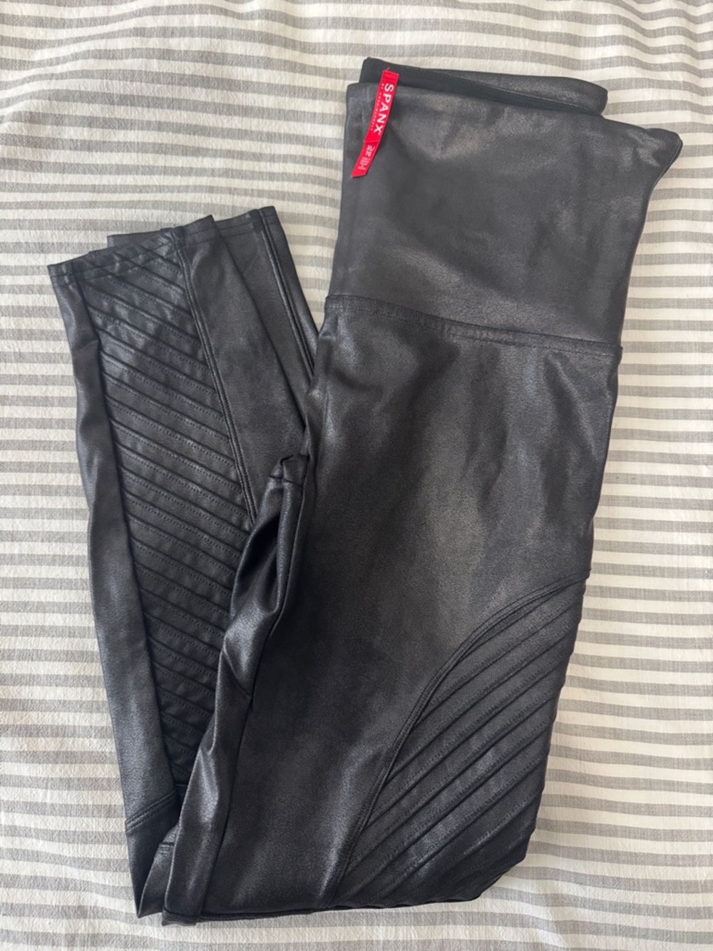 SPANX Black Faux Leather High-Waist Leggings with Quilted Panels